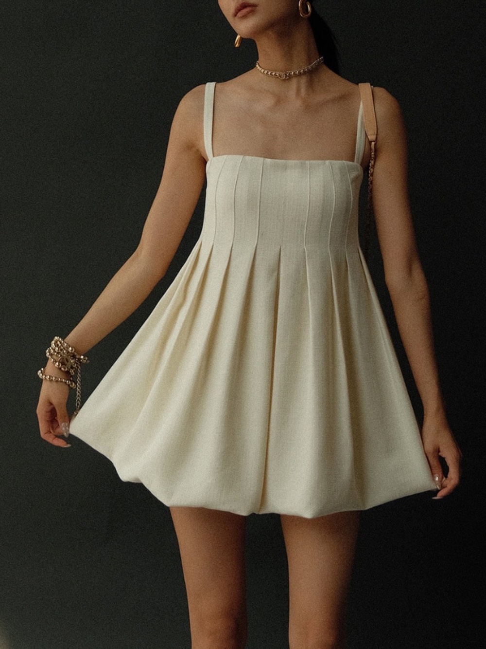 Crepe Material Sacred Dream Pleat Dress Sz M Balloon Hem Adjustible Strapless